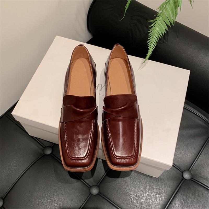 Fashion 2025 New Autumn Genuine Leather Loafers Square Toe Chunky Heels Winter Women Pumps Shoes for Women Zaptos De Mujer Brown Shoes