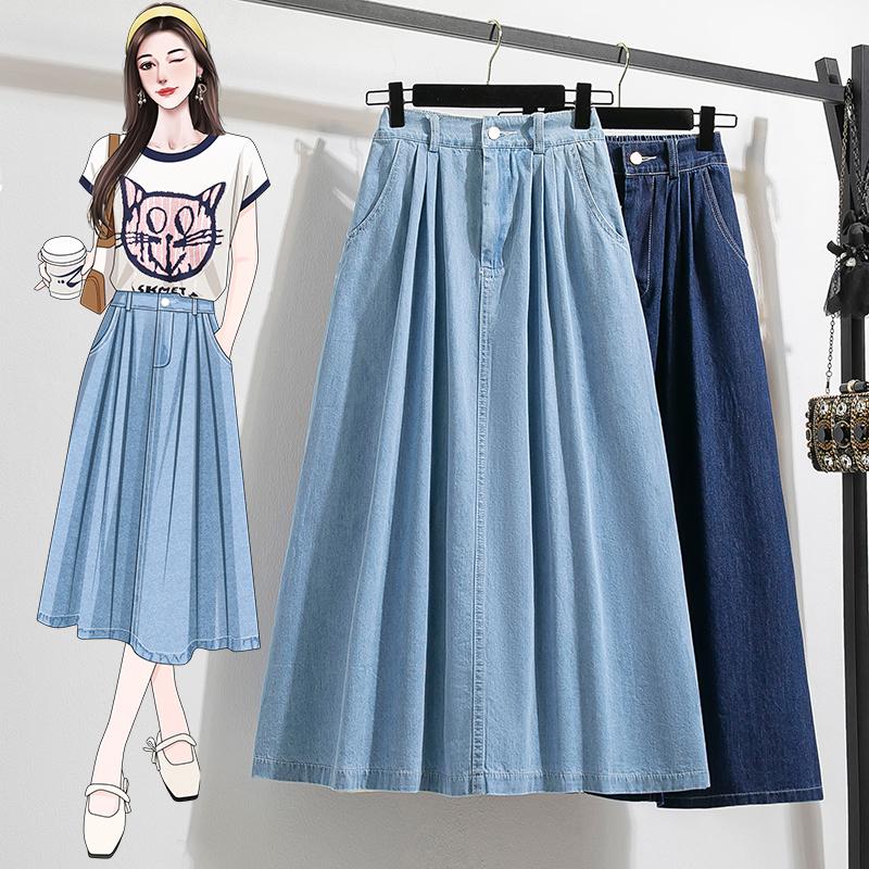 Plus Size Denim Skirt Women Summer Style High Waist A Line Pleated Long Jean Skirt Casual Women Maxi Skirt