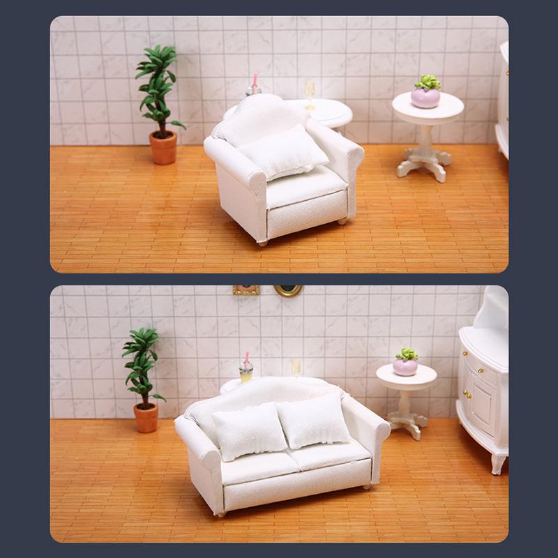 Doll House Diy Decorative Accessories 1:12 Dollhouse Miniature Furniture Sofa With Pillow White Fabric Sofa Model Scene Toy