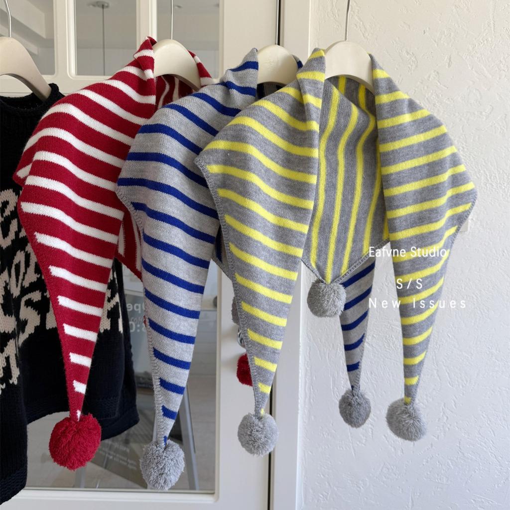 A Retro Hong Kong style Knitted Striped Pom pom with A Vintage Triangular Scarf Over It A Warm Autumn and Winter Decorative Shawl Scarf for Women