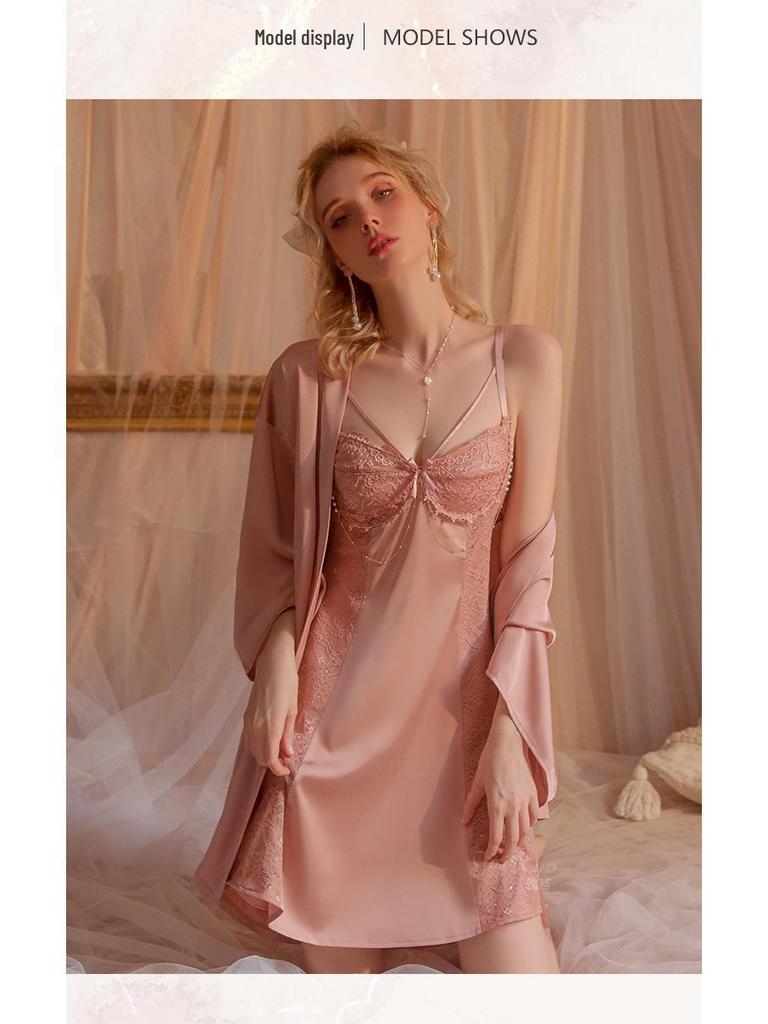 Damen Herbst/Winter Casual Camisole Nachthemd mit Brustpolster & Bequemer Morgenmantel Homewear Set