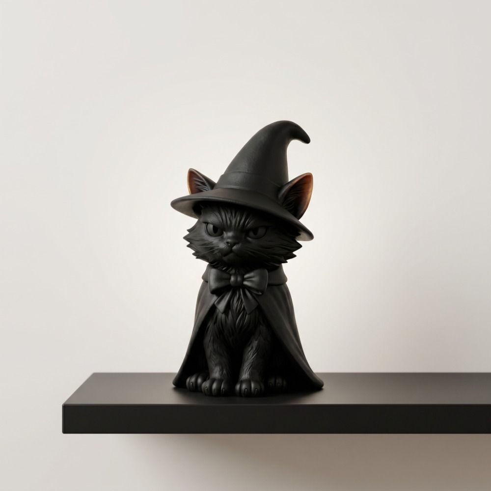 3D Printed Cat Witch Figurine Dark Style Halloween Decorations Cute Cat Statue Home Decor
