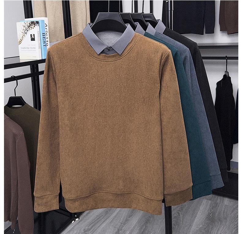 Men's Winter 2025 Faux Two-Piece Fleece-Lined Sweatshirt, Solid Color, Turn-Down Collar, Thick and Warm Long-Sleeve.
