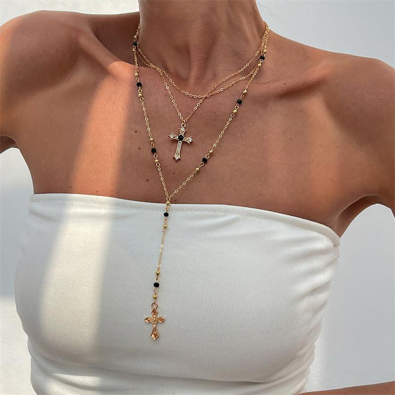 

Cross Pendant Necklace For Women With Layered Y Design And Fringes синий