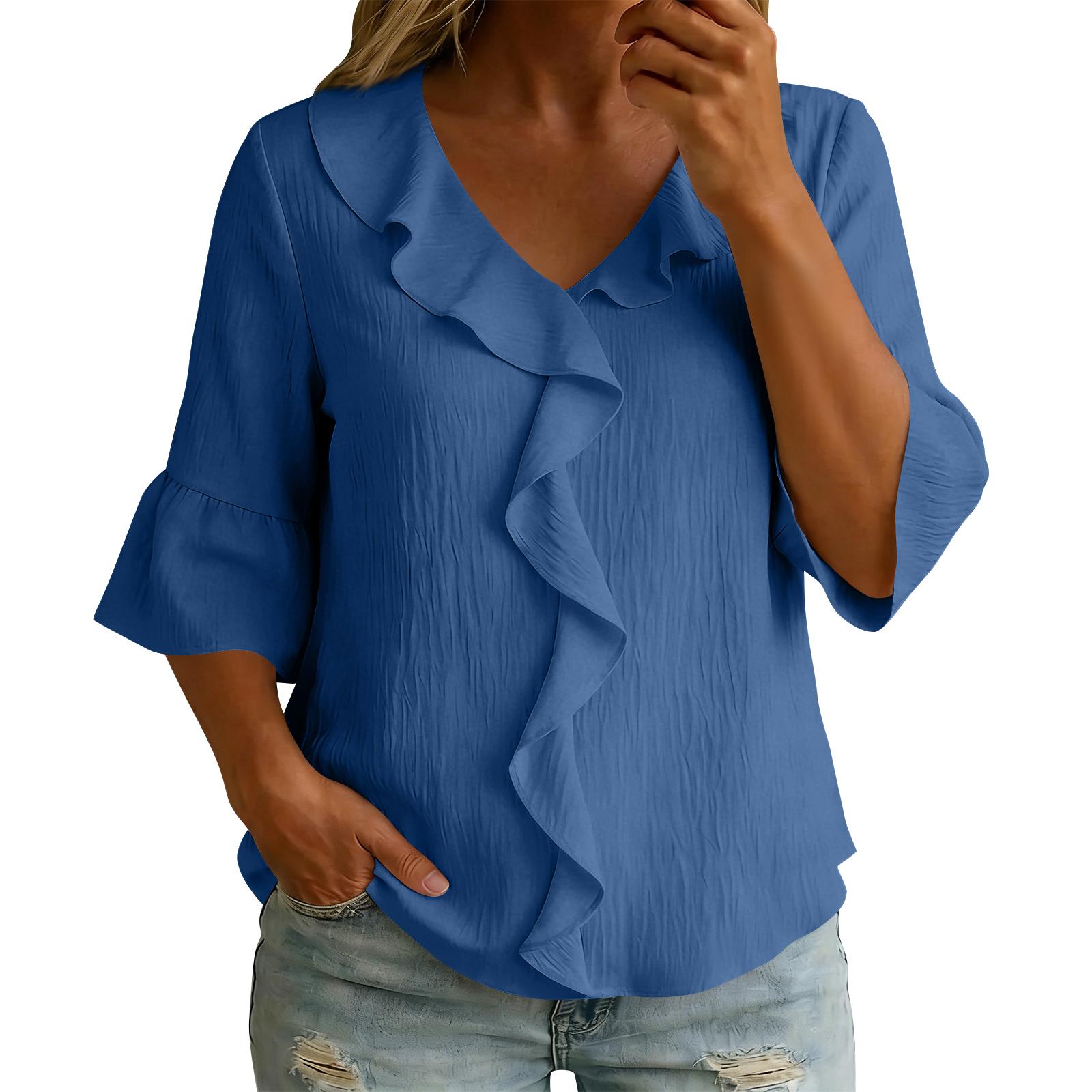 

Womens ShrotSleeveTops Cotton Linen Button Down Shirts V Neck Pleated Casual Loose Sleeve Shirt XXL синий