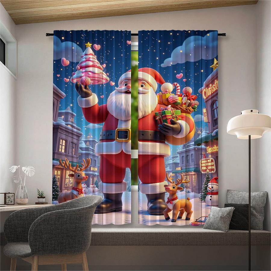Set Of 2 Christmas Santa Claus Tree Pattern Printed Curtains Decorations Home Room Made Polyester Modern