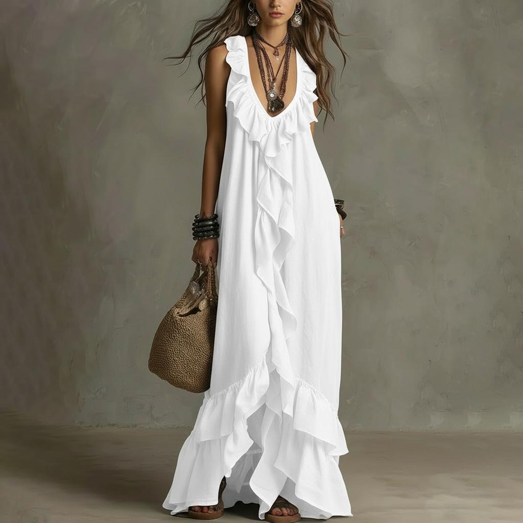 Women's New Summer Casual Boho Vintage Dress, V-Neck Short Sleeve With Ruffle Hem