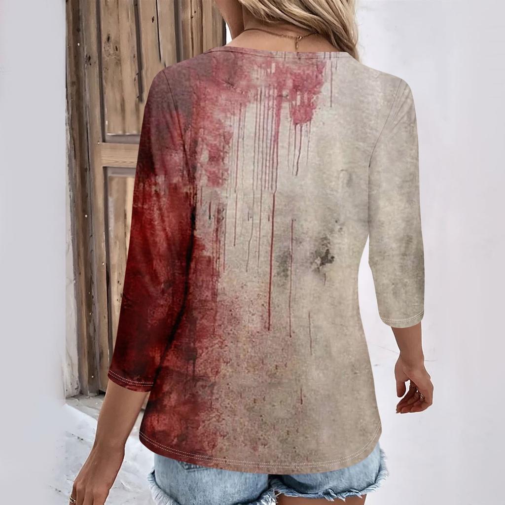 Womens 3/4 Sleeve Daily Weekend V Neck Casual Printed Tshirts Loose Fit Pleated Tees Button Down Shirts