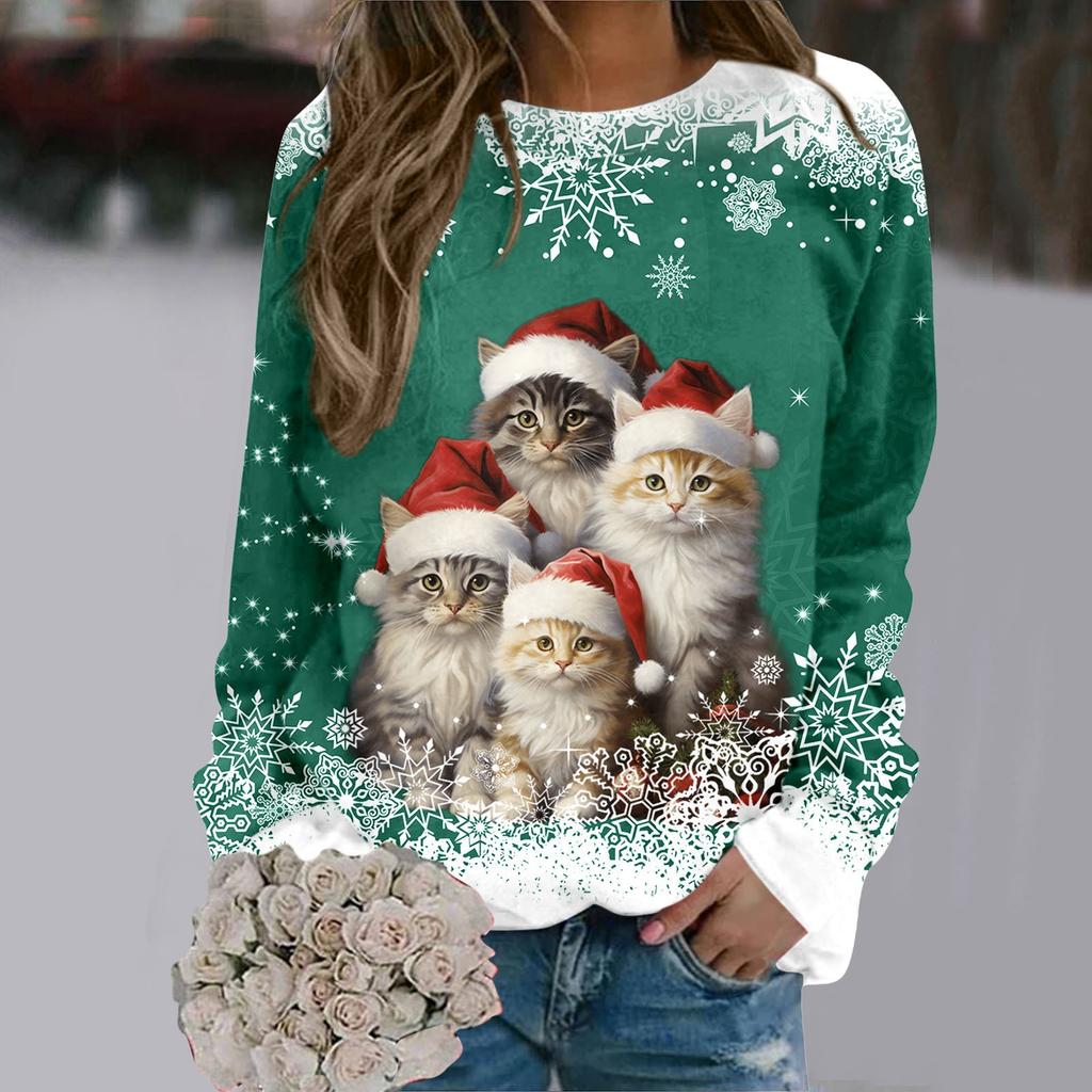 Cute Cat  3D Print Womens round-neck sweatshirt Merry Christmas Autumn Loose Casual Top Fashion Sports Womens Clothing