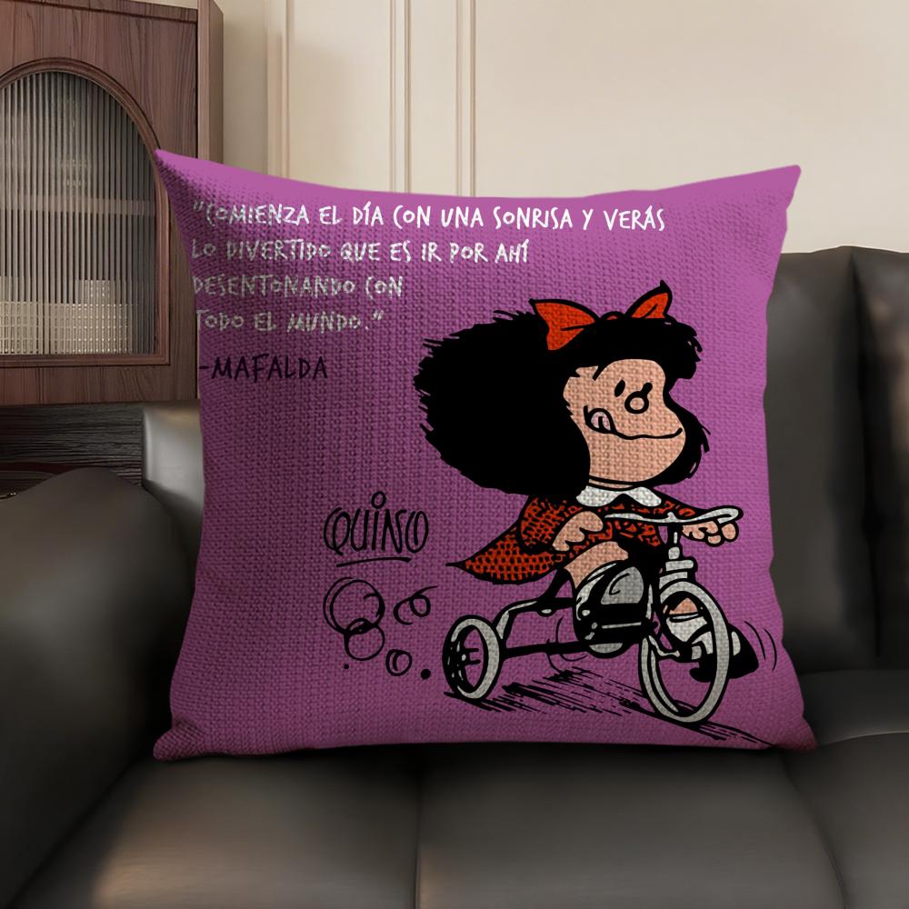 MMafalda Cartoon Cute Cushion Cover Natural Linen Organic Fabric DoubleSided Printing Sofa Home Decor Gift Pillow Case