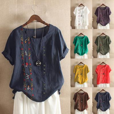 Summer Vintage Cotton Linen Embroidered Loose Short Sleeved Casual T-Shirts Women’s