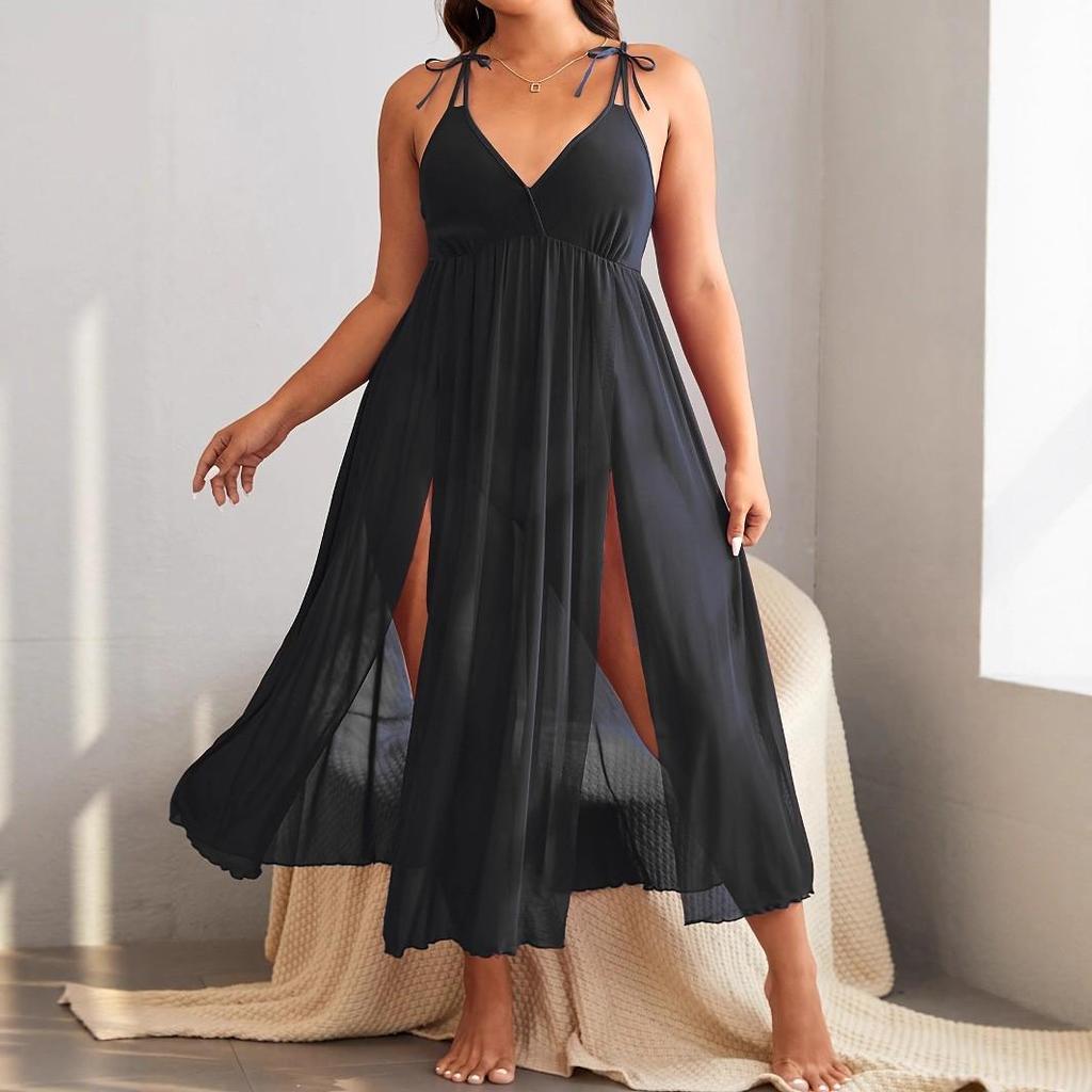European & American Women's Sexy Lace Robe: Elegant Solid Color Spaghetti Strap Nightgown