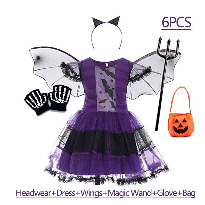 Dívčí fialové šaty s netopýrem Dětský extravagantní cosplay kostým upíra démona s křídly a pokrývkou hlavy Halloweenské karnevalové oblečení pro čarodějku