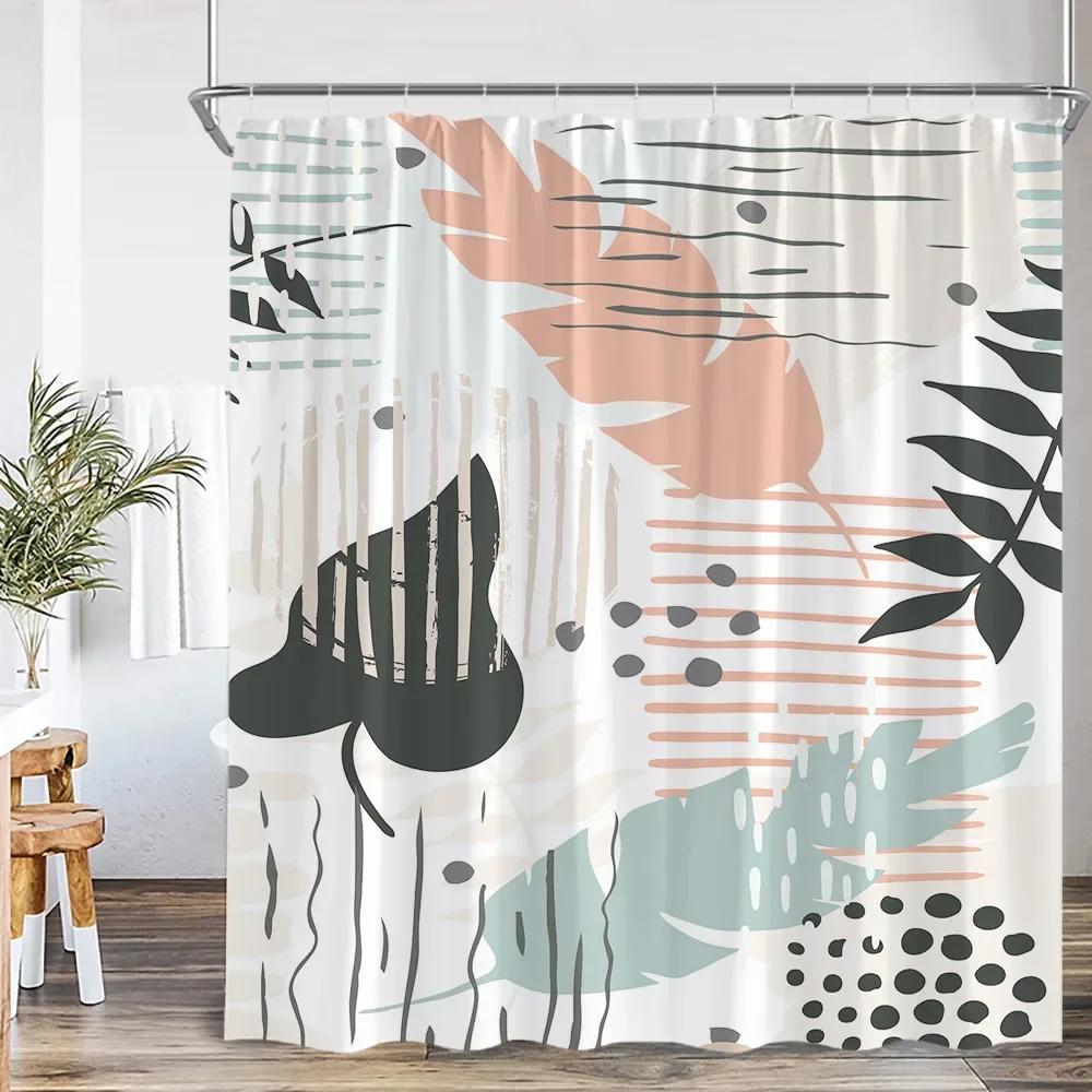 Vintage Abstract Shower Curtain Green Leaf Geometric Nordic Modern Bathtub Decorative Simple Polyester Shower Curtain with Hook