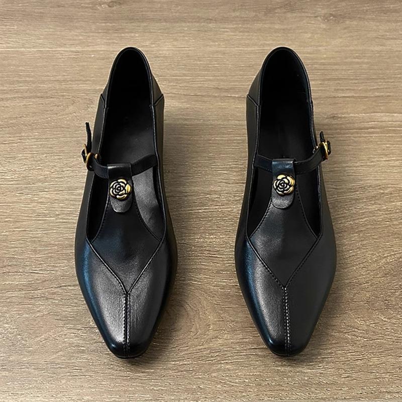 

Fashion 2025 New Women Mary Jane Shoes Retro Camellia Chunky Heel Hollow Out Single Shoes for Commuting Fashion Buckle 35 чёрный