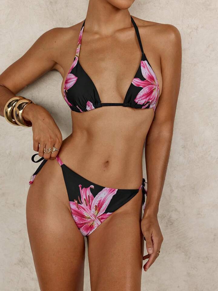 Bikini New Leopard Print Contrasting Color Triangle Cup Lace-up Sexy Bikini Swimsuit Swimming
