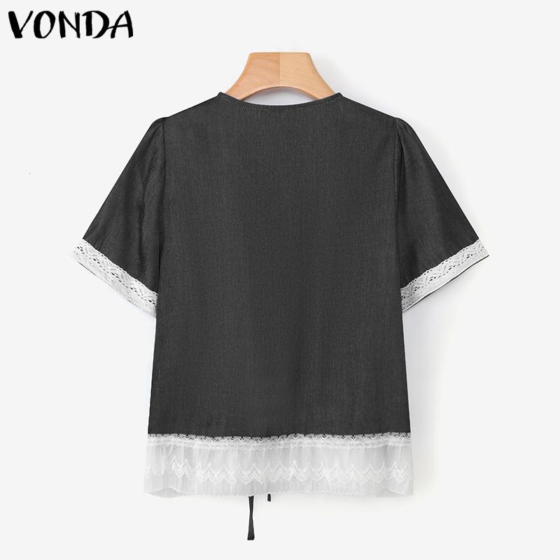 VONDA Women Casual Short Sleeve Lace Patchwork Bow Knot Cropped Blouse