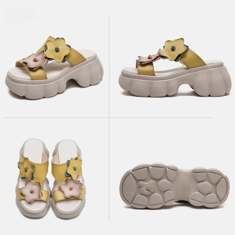 Zapatillas de cuero genuino a la moda con suela gruesa y punta abierta para exteriores, zapatos de plataforma para mujer