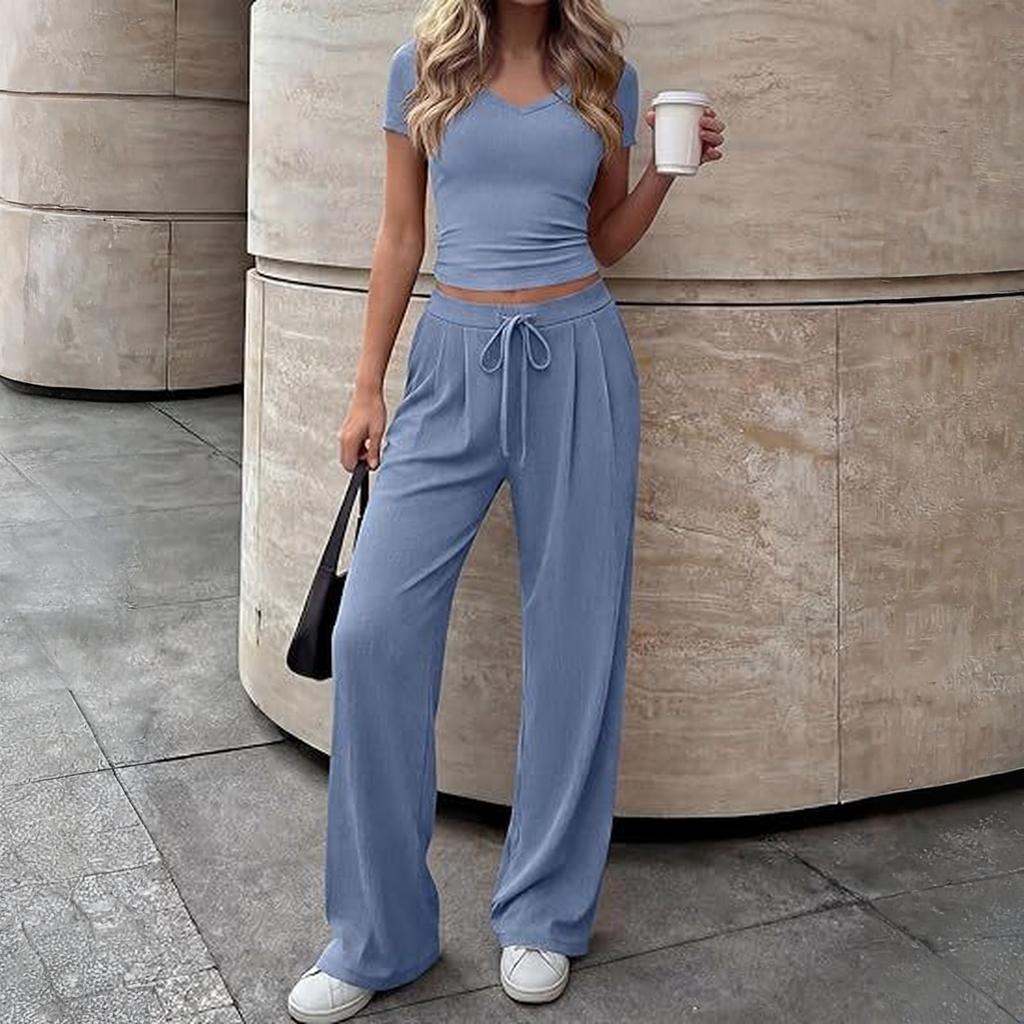 Women's Casual Elegant V-neck Casual Top And Pants Two-Piece Set