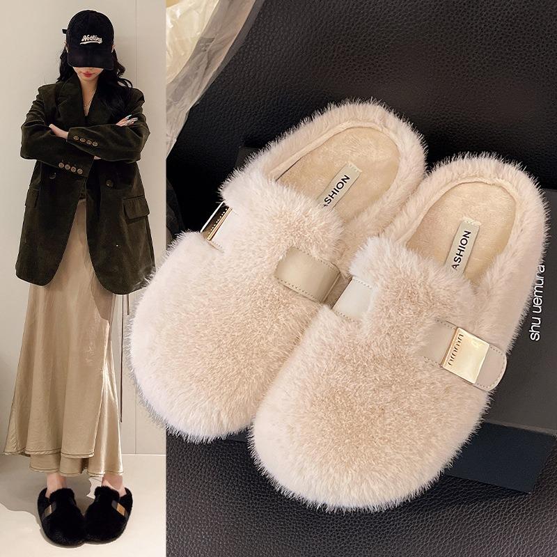 Mao Mao slippers women's autumn and winter new flat-bottomed bag head piled warm cotton slippers women