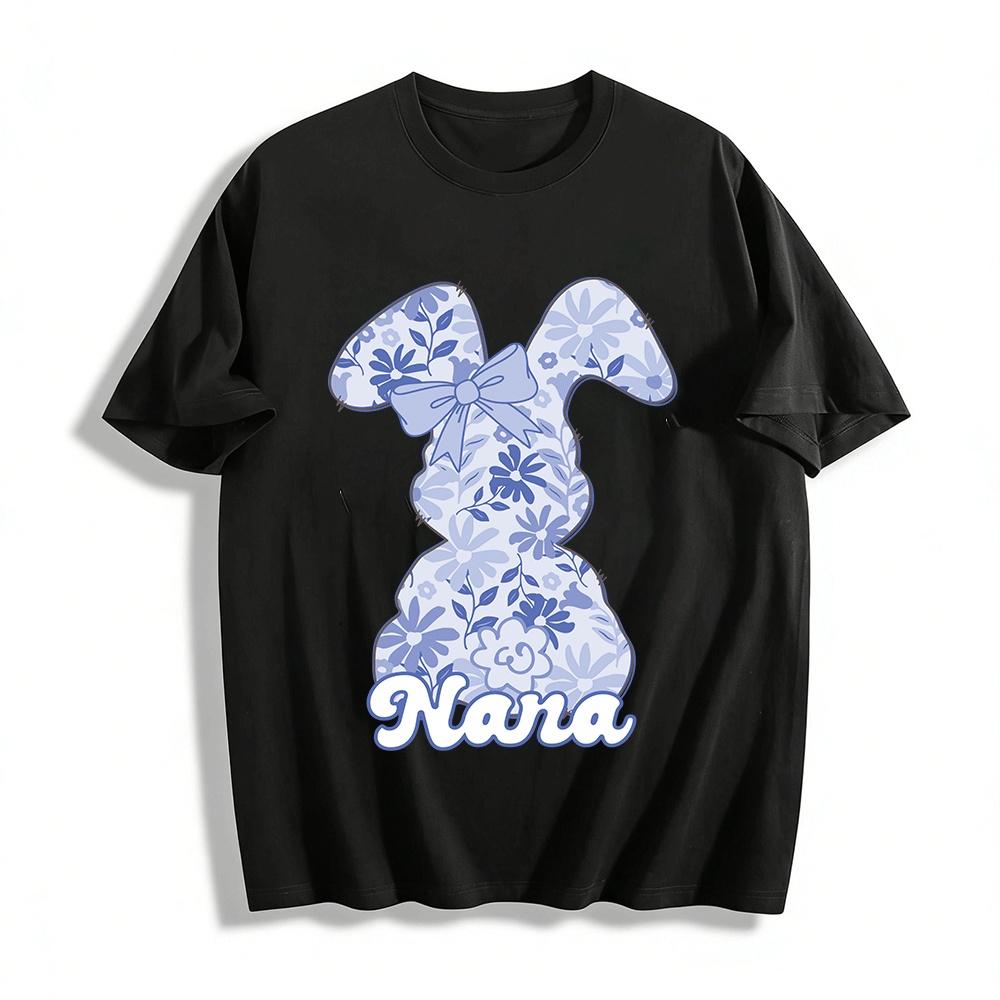 

Vintage Blue Floral Rabbit Nana Print Casual Top Pure cotton T-shirt XXS