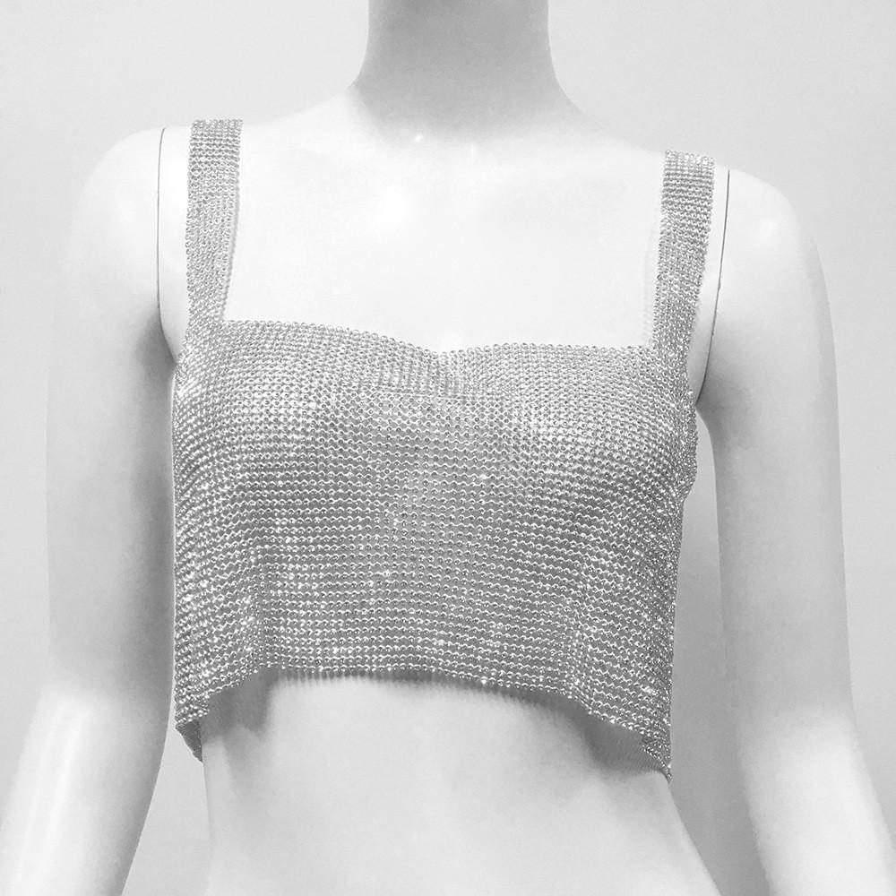Metallic Streetwear Women Tank Top With Rhinestone Embellishments