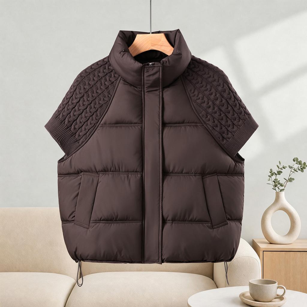 Fashion Knitted Stitching Stand-up Collar Cotton Vest Women Autumn Winter Short Warm Loose Sleeveless Ladies Waistcoat Coat