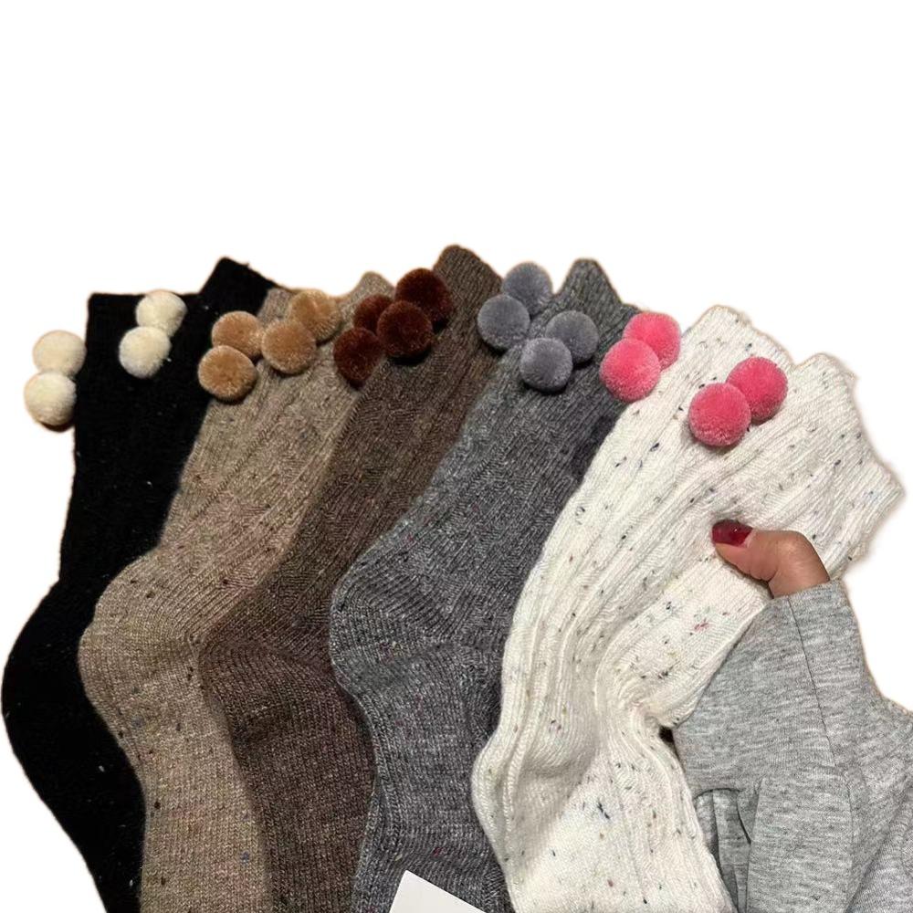 Plush Ball Mid Tube Socks Thick Warm Knit Socks Women Cute Wool Mid-Calf Socks  Girls