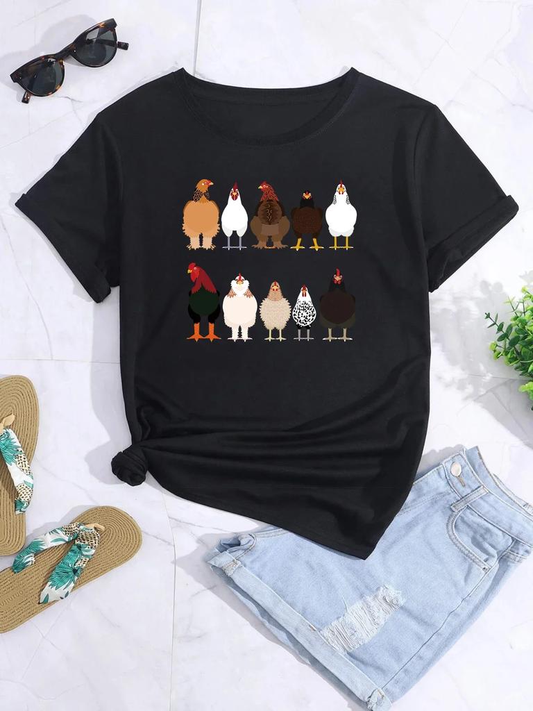 Chicken Print Crew Neck Tshirt Casual Loose Short Sleeve Fashion Summer TShirts Tops Womens Clothing