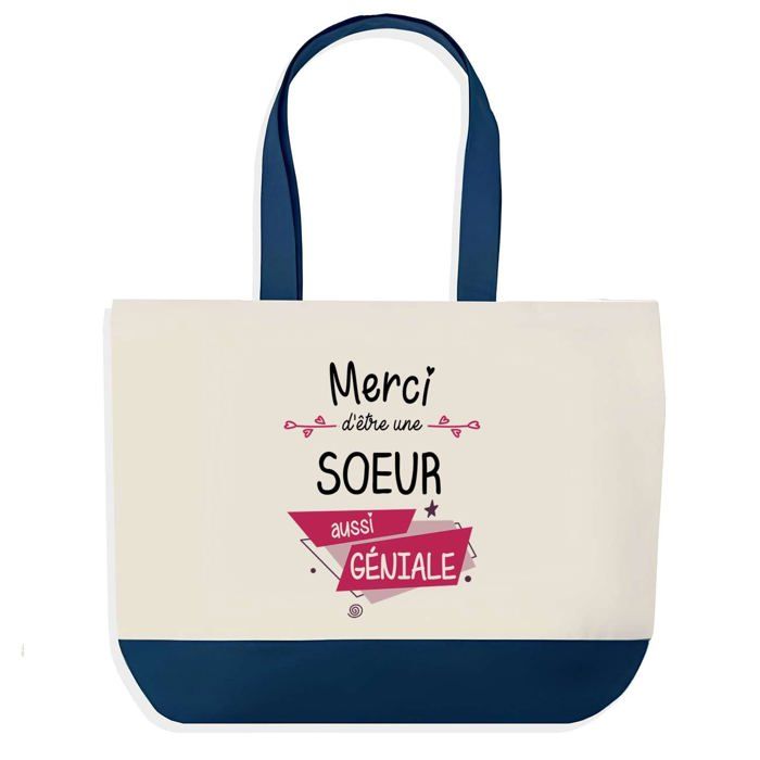 Sac shopping - PLANETEE - Merci Soeur Géniale Frangine - Fond bleu - Coton 40x45 cm - Fabriqué en France