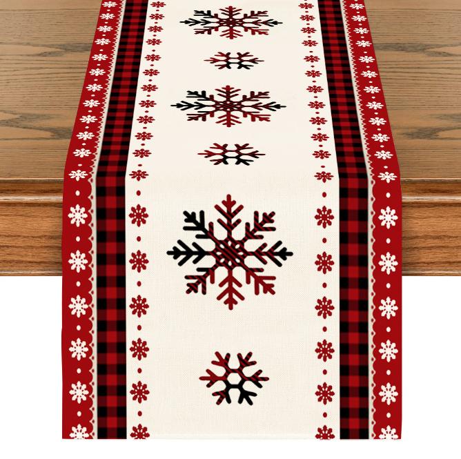 Linen Christmas Table Flag with Snowman & Santa Prints - Festive Table Mat Decorations