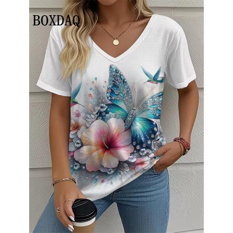 Casual V-Neck Women's T-shirt Summer Outdoor Fashion Short Sleeve Tops Floral Print Butterfly Pattern Plus Size Women's Clothing