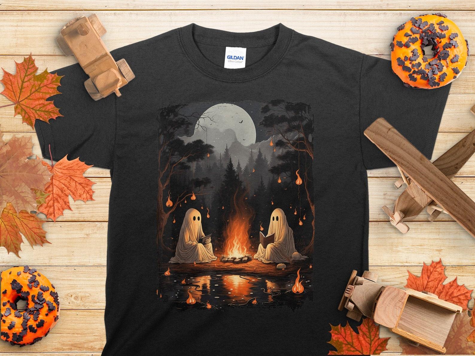 Boo Reading Book Unisex T-Shirt, Vintage Ghost Book Reading Camping Gothic Halloween Teachers T-Shirt GhosT-Shirt For Friends, Boo Camping 2XL