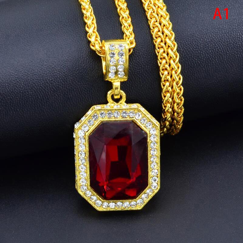 Inlaid Diamond Square Ruby Necklace Hip Hop Men'S Pendant Red Stone Pendant Vintage Jewelry Costume Accessories