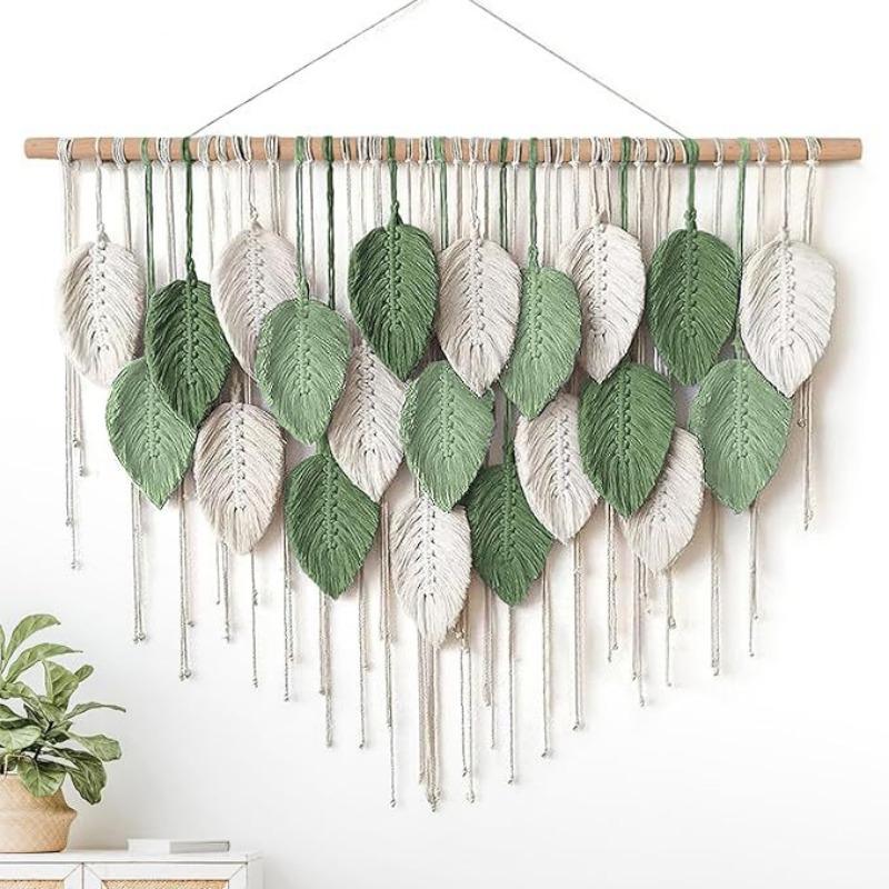 Boho Home Decoration, Macrame Tapestry Macrame Leaf Feather Wall Hanging Decor for Living Room Bedroom, Boho Wall Art Home Decor