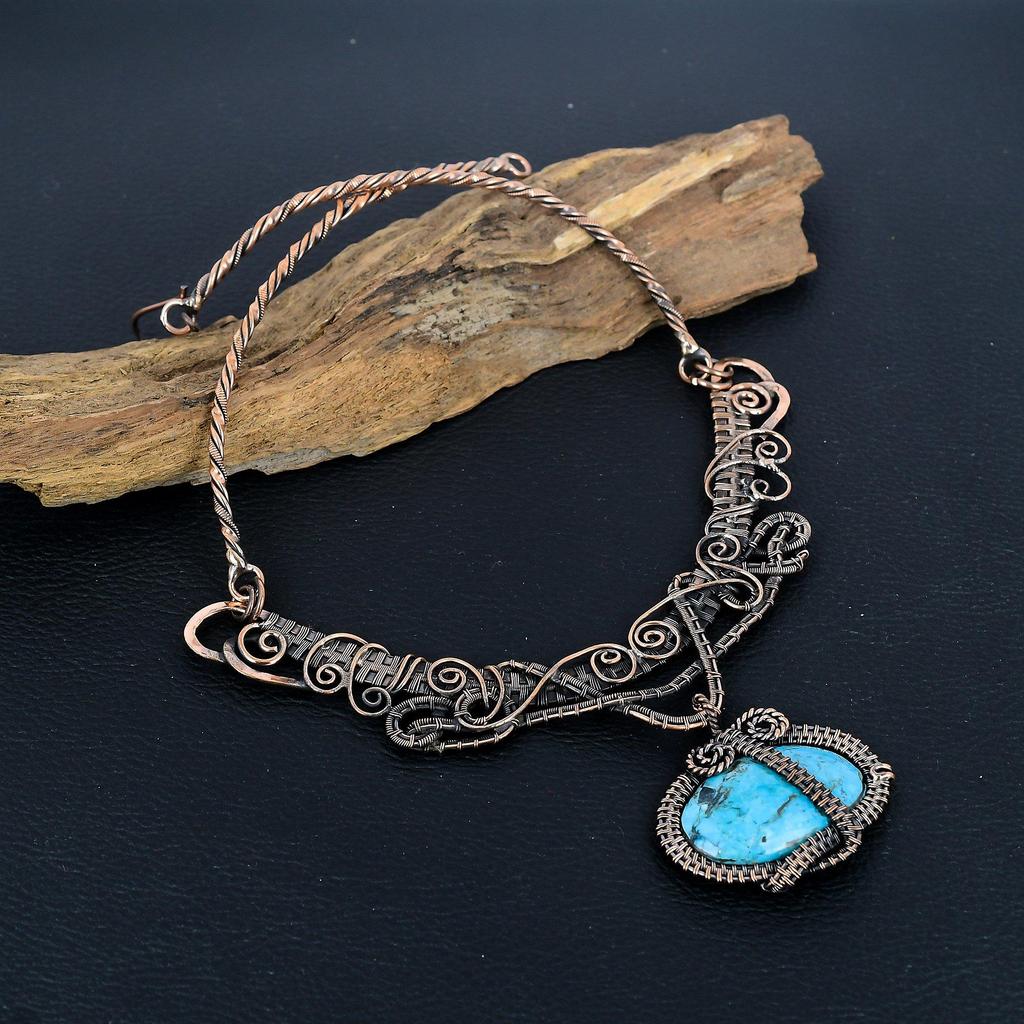 Turquoise 999 Copper Wire Wrapped Necklace with Adjustable Chain, Handmade Gemstone Jewelry Necklace For Memorial Day