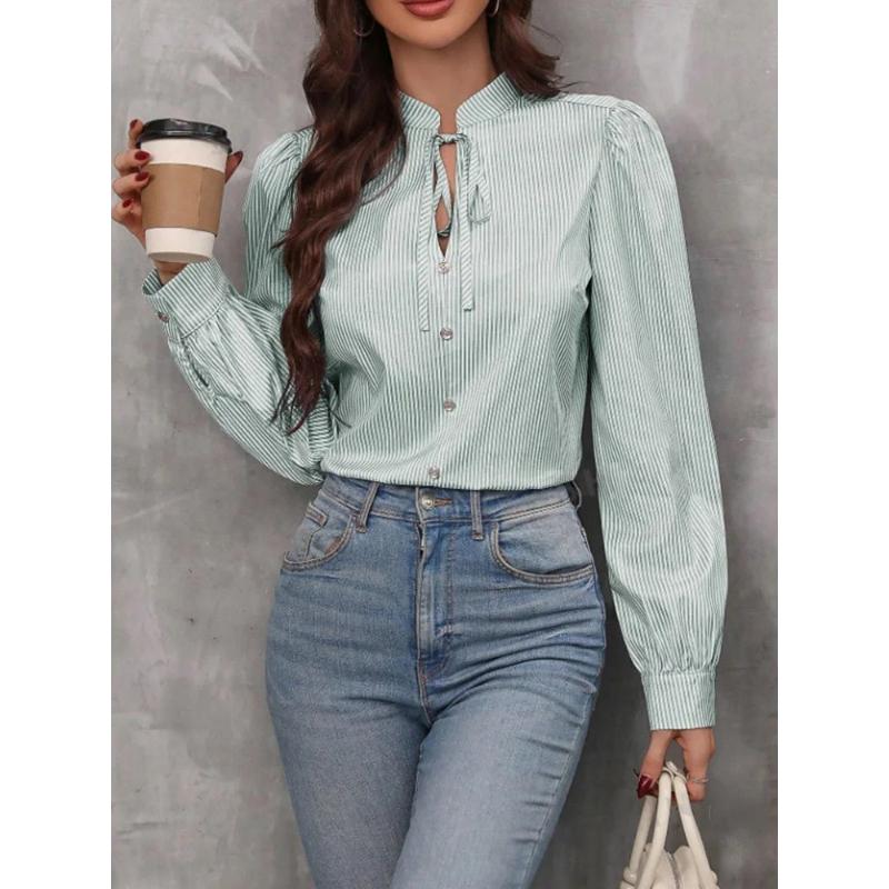 Women V-Neck Button Down Long Sleeve Top Solid Color Striped Shirt Office Lady Work Clothes
