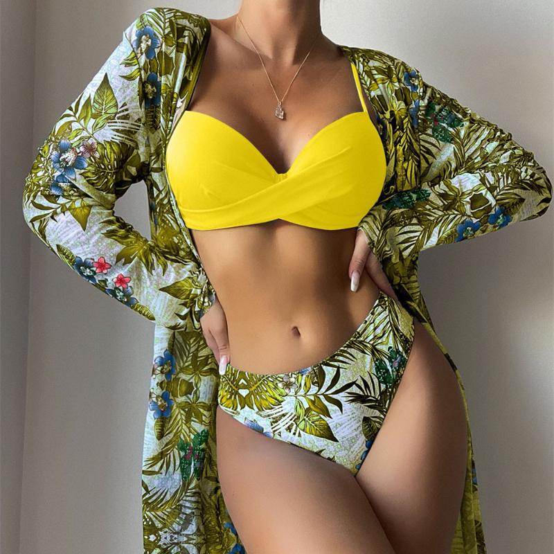 Dámská sada bikin s květinovým potiskem Sexy třídílná plážová pokrývka nahoru Push Up Léto s dlouhým rukávem Twist plavky