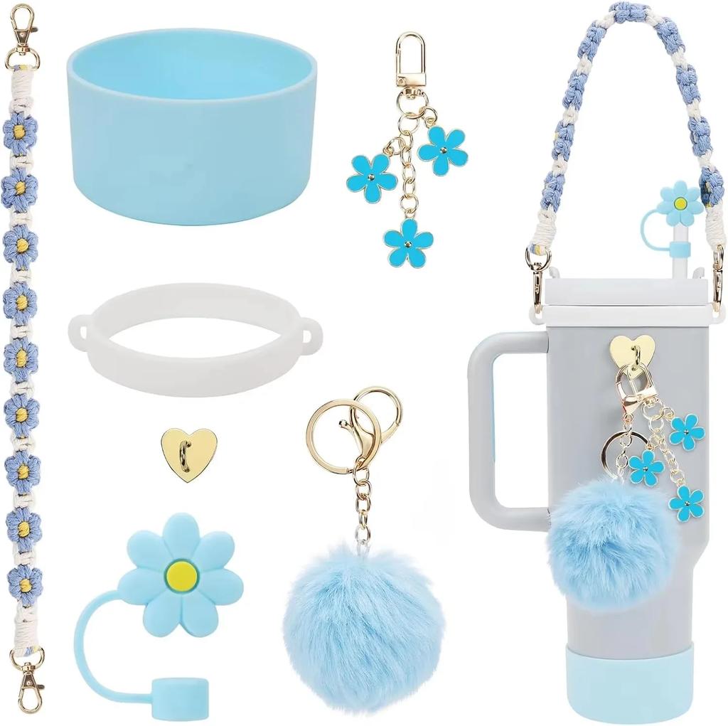 Set di 7/8 Pezzi di Accessori per Tazze per Stanley Cup Inclusi Manico Cinturino Base in Silicone per Tazza Copri Cannuccia Ciondoli per Bicchiere da 40oz 30oz