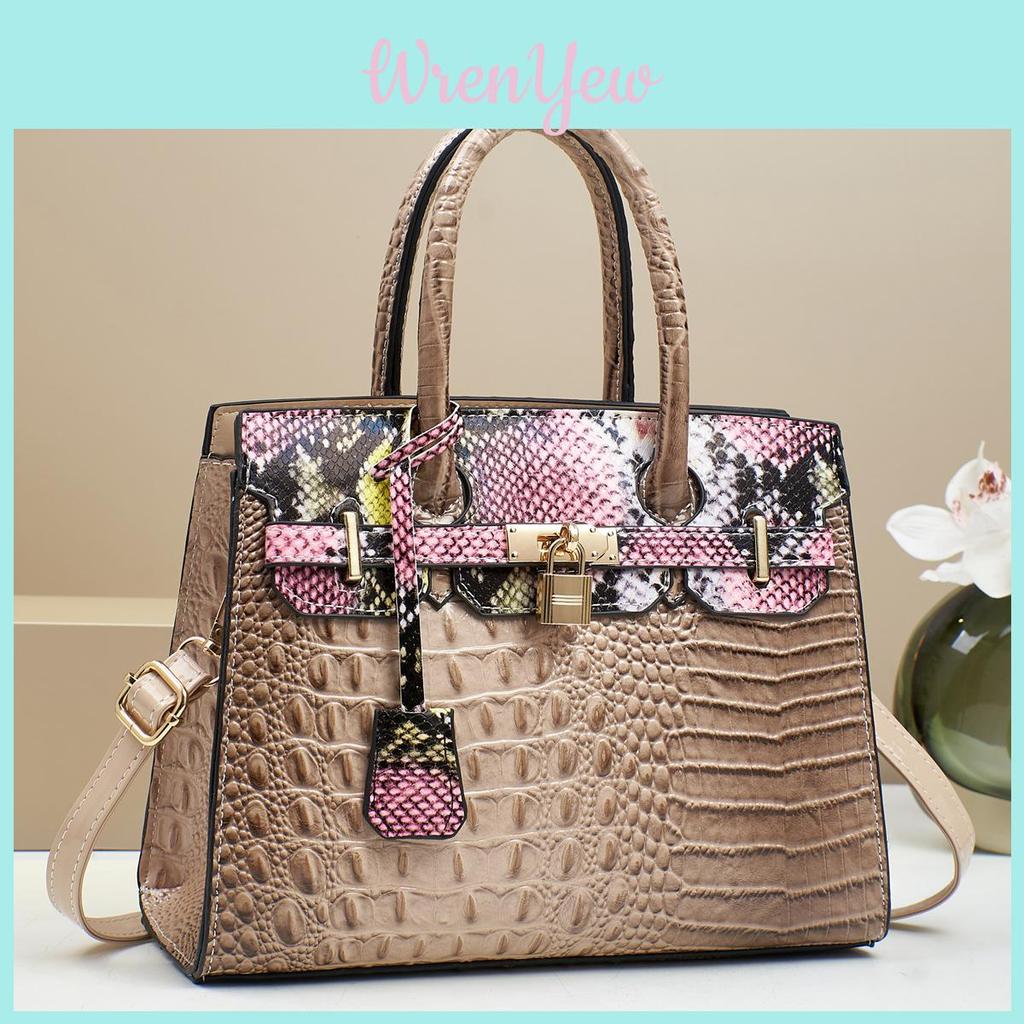 Fashion Color Blocked Gold Buckle Decor Crocodile Texture Women Shoulder Bag For Daily Use