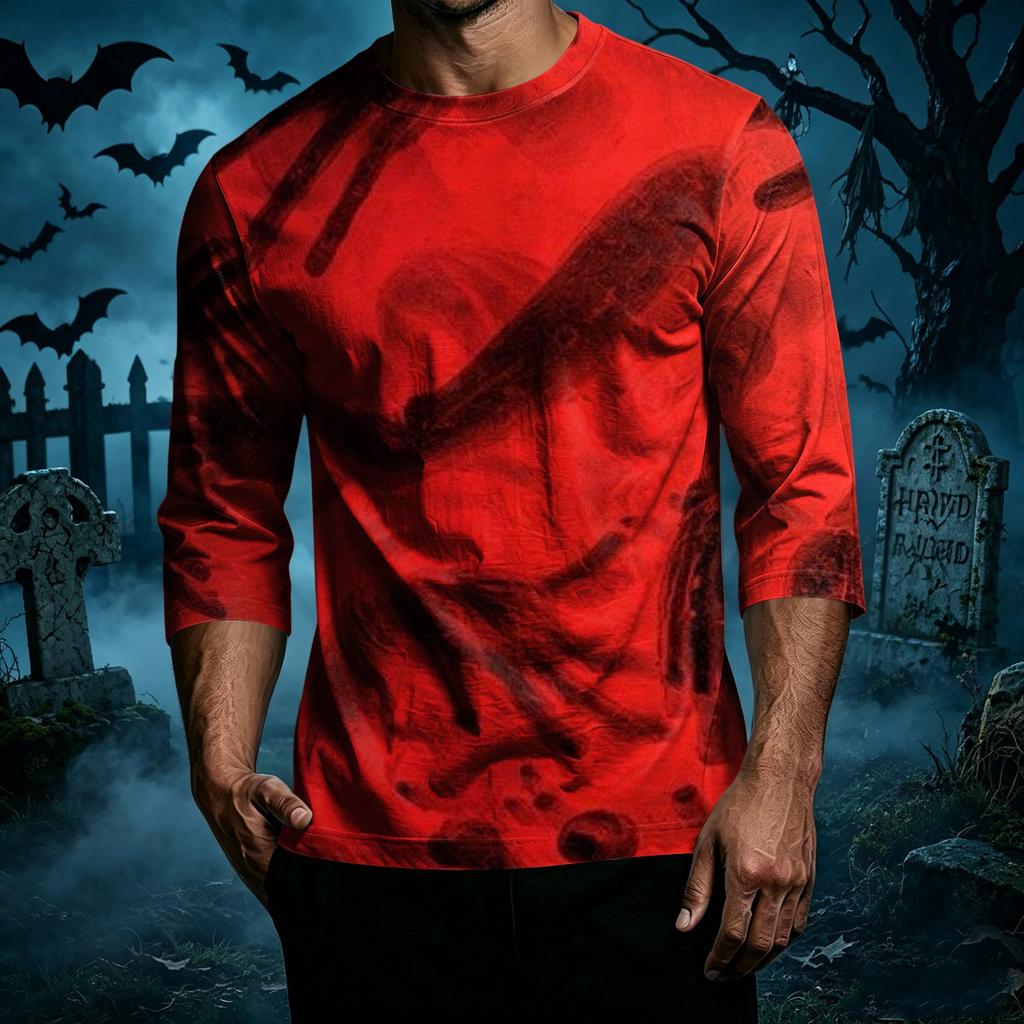 Men's Casual Halloween Graphic T-Shirt Three Quarter Sleeve Crew Neck Top Lightweight Comfortable Fit