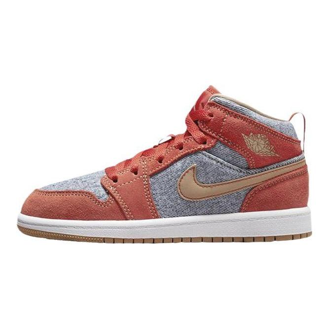 Air Jordan 1 Mid SE PS Denim Red Kids Sneakers Orange Cinnabar Hemp DM4383-600