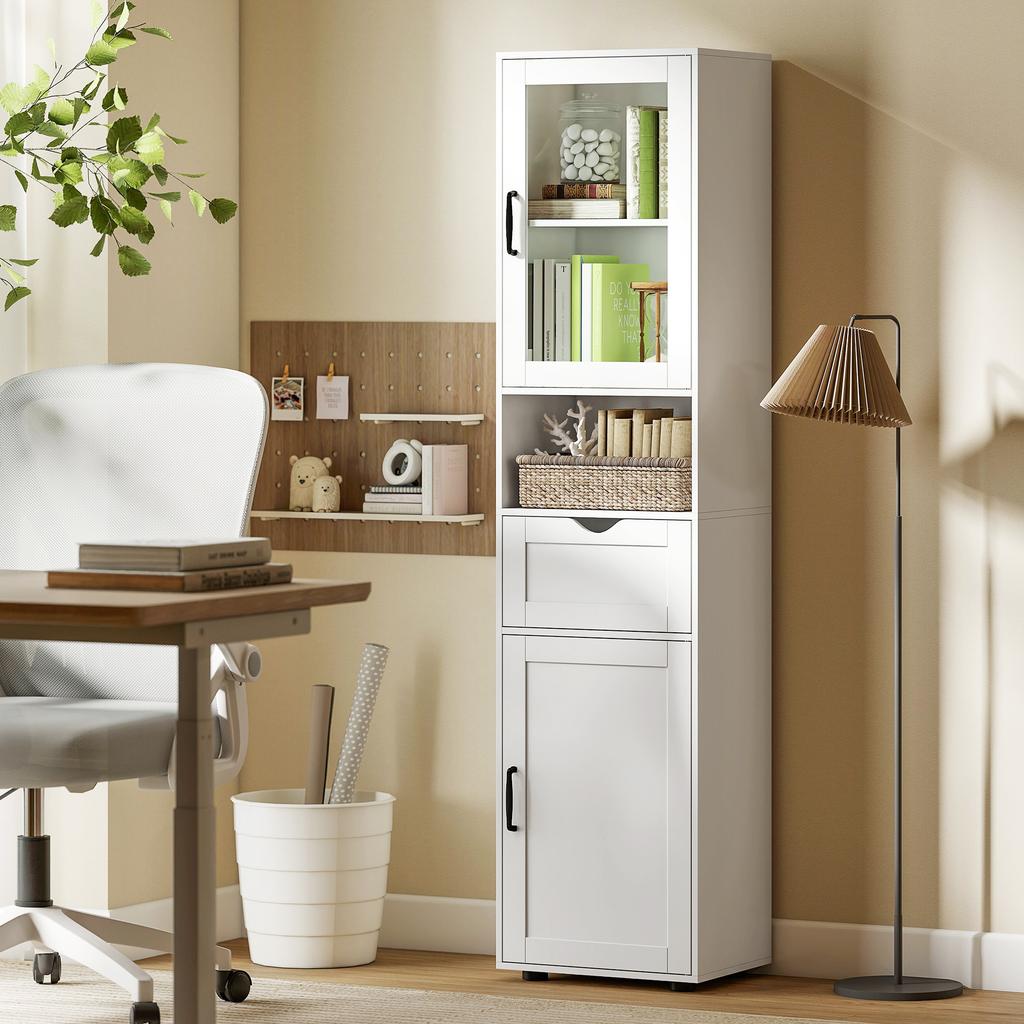 Narrow Bathroom Column with Glass Door Adjustable Shelves Drawer Open Shelf 40x30x165 Cm White