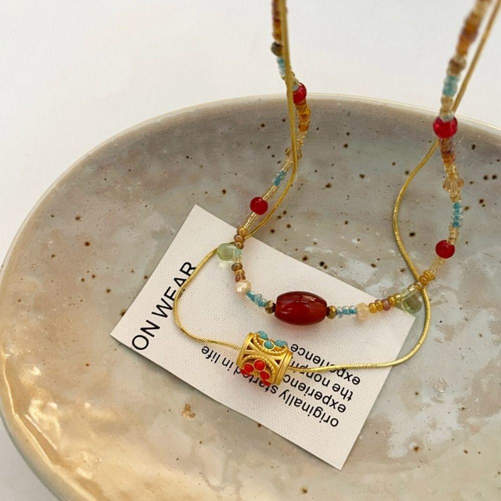 2pcs/set Bead Beaded Clavicle Chain Copper New Chinese Style Choker Glass Bead Necklace  Female