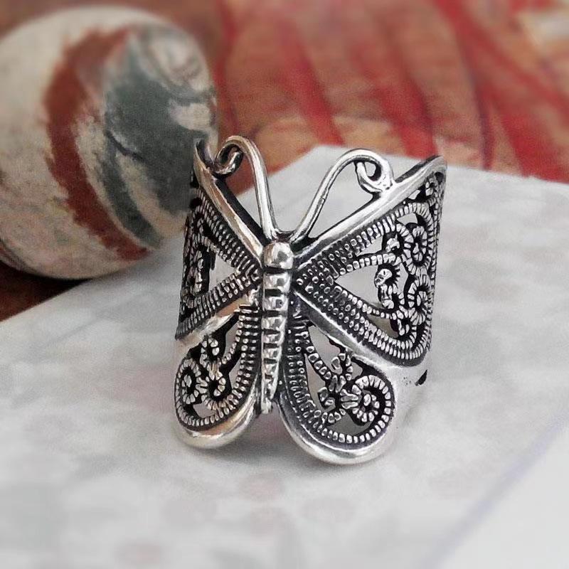 Retro Tibetan Silver Butterfly Ring Women's Fashion Boho Ethnic Turkish Vintage Wedding Rings