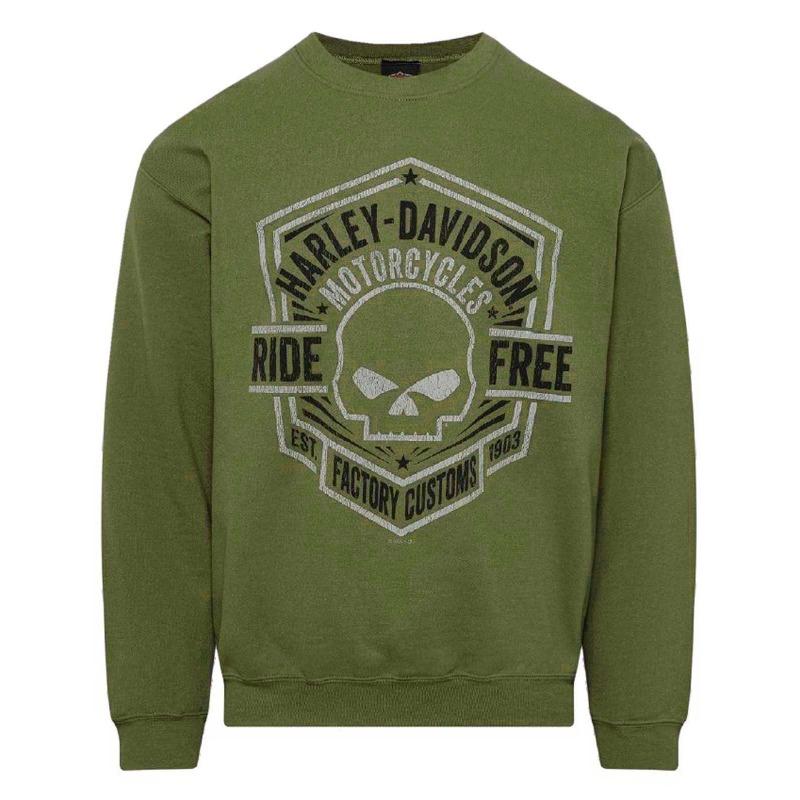Pullover girocollo da uomo Harley-Davidson Willie Skull Verde Militare Poliestere Cotone