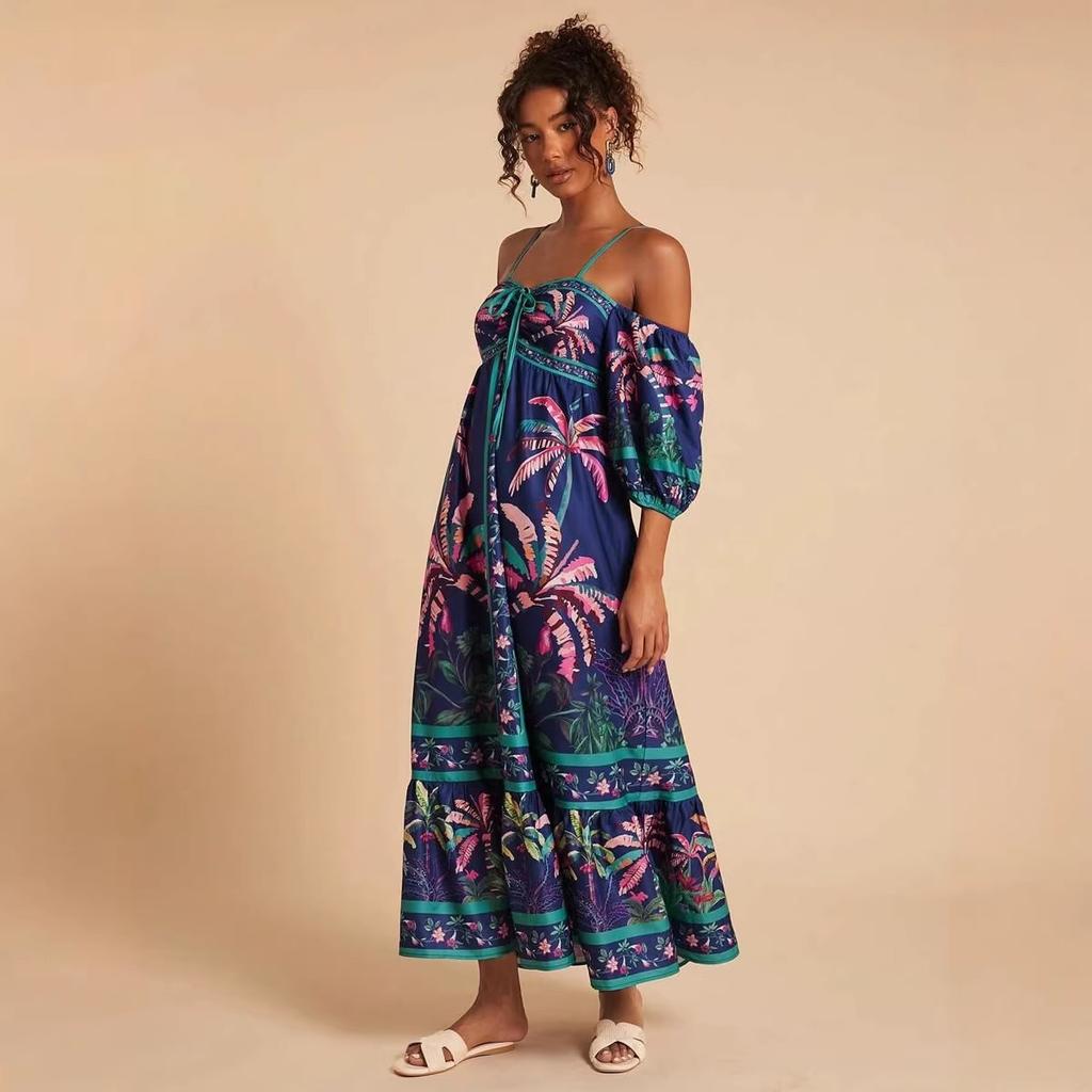 European and American Summer Models, Positioning Printing Suspenders, One-word Shoulder Off-the-shoulder Dress D04