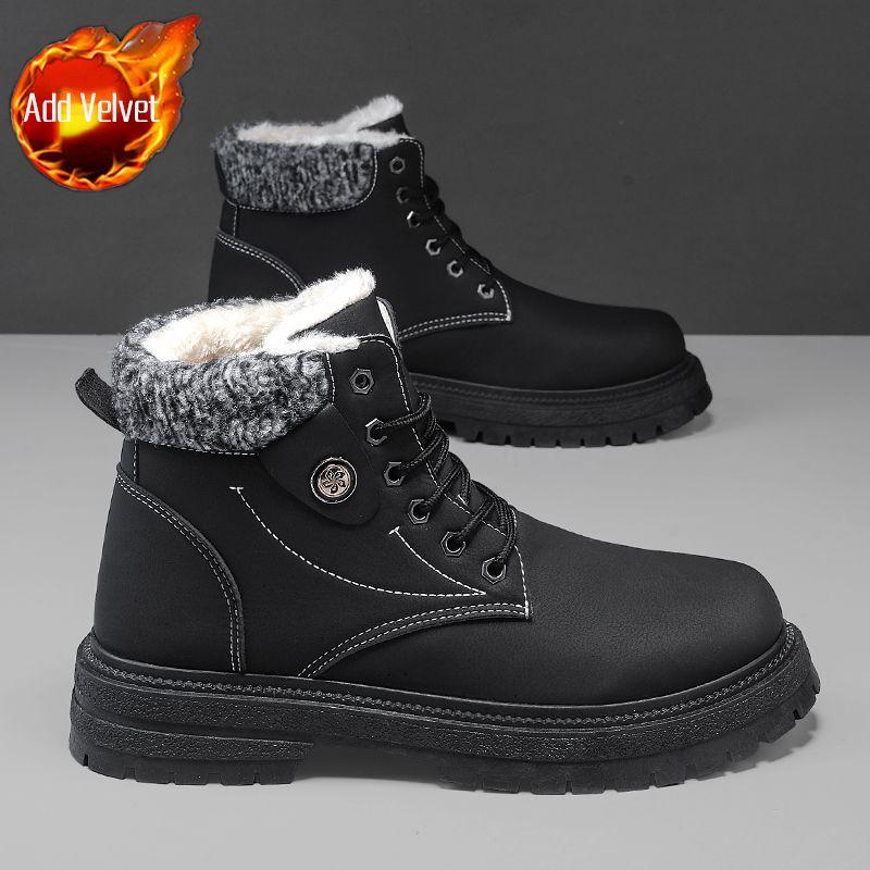 Men's Korean Casual Snow Boots Lace Up Work Boots Fleece Lined Thickened Winter Warm Waterproof Anti-slip Cotton Shoes