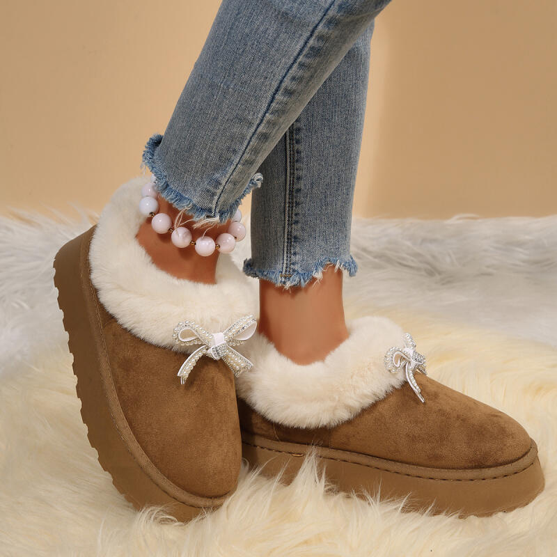 Fashion Thick Bottom Fluffy Fur Snow Boots Women 2025 Winter Warm Plush Ankle Boots with Platform Sweet Bowknot New Furry Non Slip Shoes