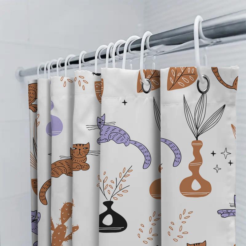 Modern Bathroom Shower Curtain With Flora Cats Design White Polyester Fabric Waterproof Decorative For Home Bathrooms
